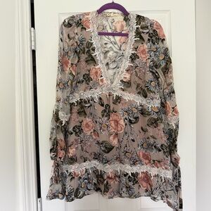 For Love and Lemons floral lace Trim long sleeve Dress